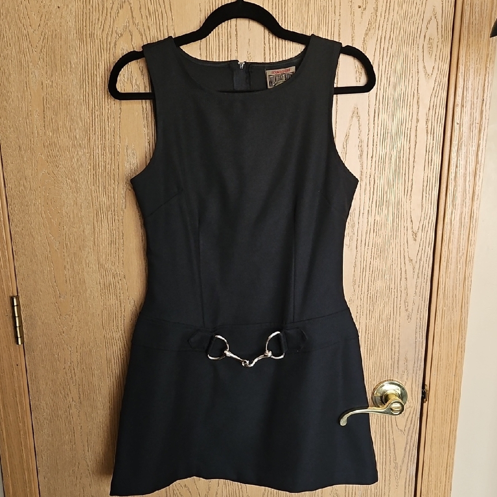 Vintage Blue Black Sleeveless Mini Dress with Chain Accent